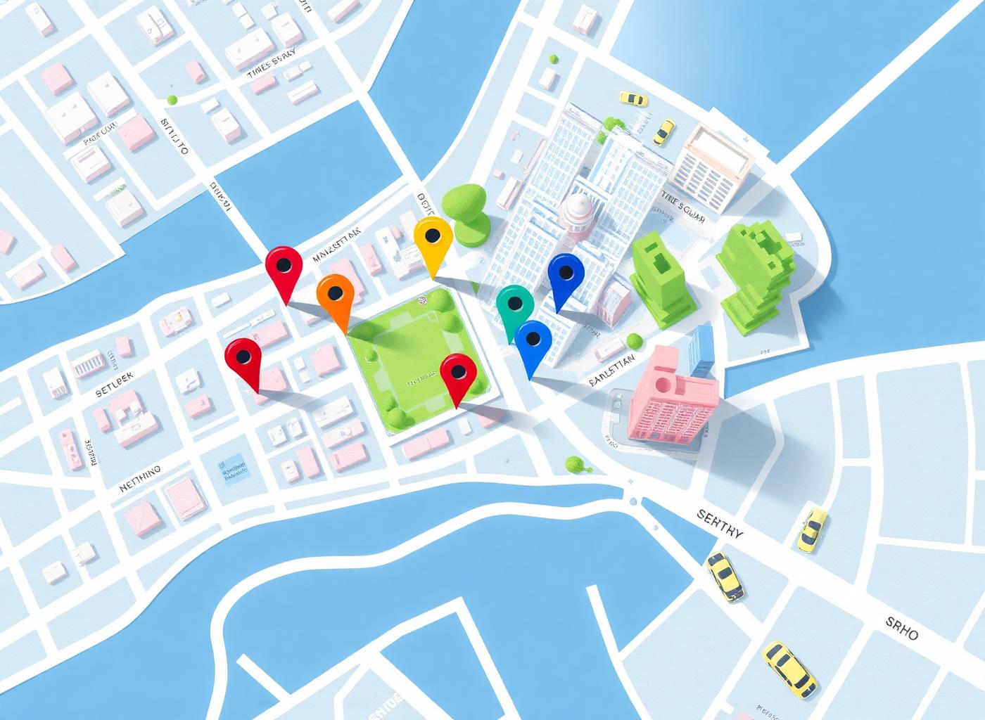 Illustrated map of Manhattan with colorful pins